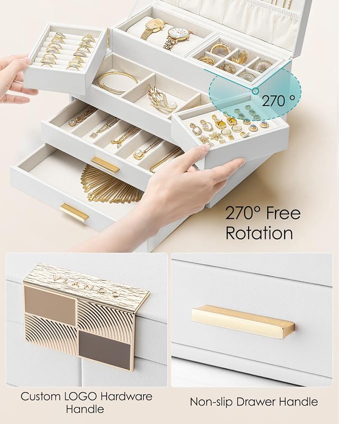 VLANDO 4 Layers Jewelry Box - Women Jewelry Box with Retractable Tray - Jewelry Organizer with Drawer for Necklaces, Rings, Bracelets, Earrings, Gift for Couples Mom Girls - White - Image 4