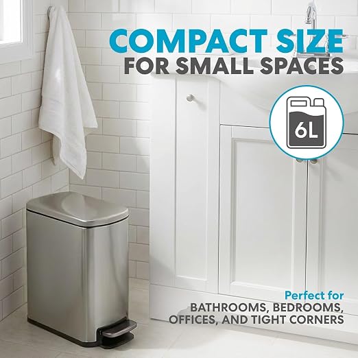 SIMPLI-Magic 6L/1.6G Stainless Steel Bathroom Trash Can with Hands-Free Foot Pedal, Quiet Soft-Close Lid, Compact Space-Saving Size - Image 2
