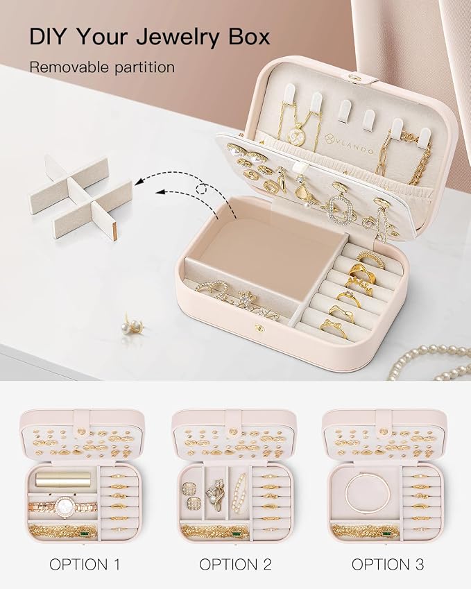 VLANDO Travel Jewelry Case, PU Leather Travel Jewelry Box with Earring Holder, Portable Display Small Jewelry Box for Mothers Day Women Girls Gift - Pink - Image 4