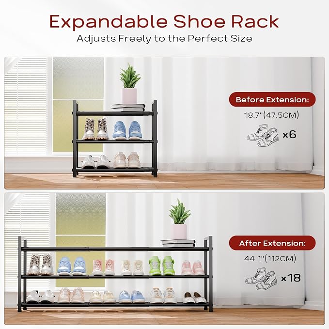 Bumusty 3-Tier Long Expandable Shoe Rack for Closet, 18"-44" Adjustable Shoe Rack for Entryway, 15-18 Pairs Large Shoe Organizer Shelf Storage, Sturdy Metal, Black - Image 4