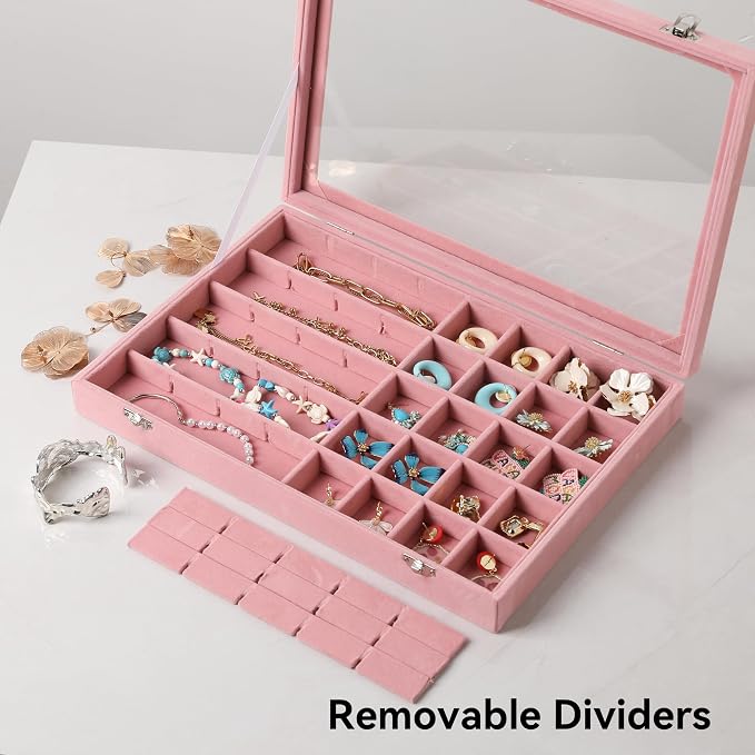 Frebeauty 40 Grid Jewelry Tray,Adjustable Earring Holder Organizer with Glass Lid,Velvet Drawer Jewelry Organizer for Rings,Studs,13.8 x 9.5 x 2 Inches Jewelry Display Box,Gift for Women(Pink) - Image 6