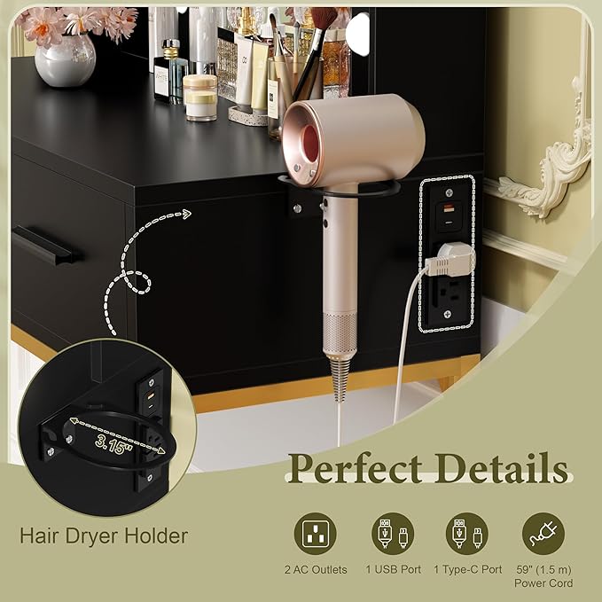 YESHOMY Vanity Desk with Mirror, Makeup Table with 2 Large Drawers, Power Outlet and Round Holder, 3 Color Modes Adjustable Bulb, Pure Black & Golden