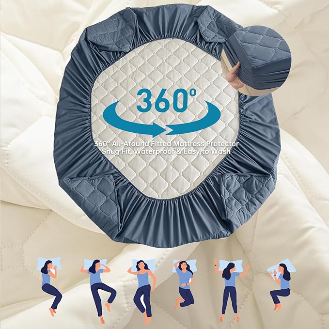 Queen Mattress Protector Waterproof, 18” Deep Pocket Fitted Sheet Queen+2pcs Pillow Cases - Leakproof, Oeko-TEX Certified, Breathable & Noiseless,Machine Washable (Blue)