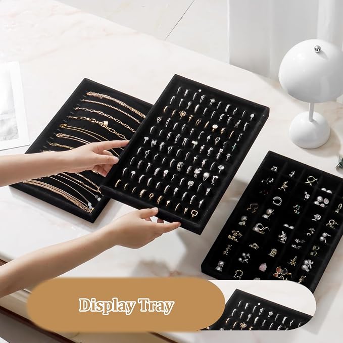 Large Velvet Jewelry Tray 2 Pack Stackable Jewelry Display Drawer Inserts Trays Organizer for Earring Bracelet Necklace Ring (Black, Ring 81 Slots) - Image 3