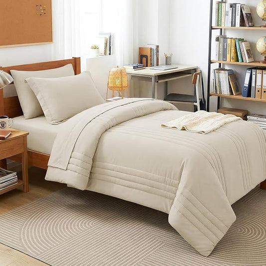 CozyLux Twin Comforter Set - 5 Pieces Bed in a Bag Beige Comforter Set with Sheets Luxury Bed Set All Seasons, Soft Bedding Set with Down Alternative Comforter, Sheets, Pillowcases