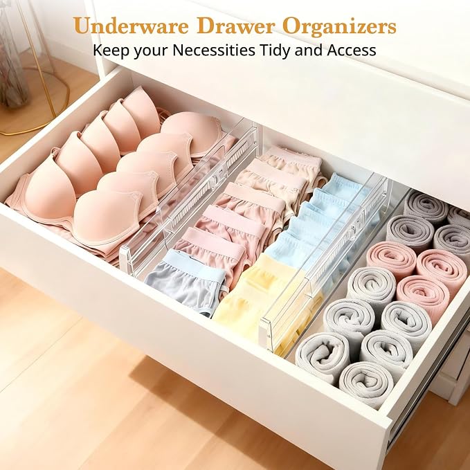 4 Pack Drawer Dividers for Clothes, 4" High 10.6"-16.9" Drawer Divider Adjustable Expandable Dresser Drawer Organizer, Clear Dresser Separators for Clothes, Underwear, Baby Clothes,Cosmetic,Toiletries - Image 4