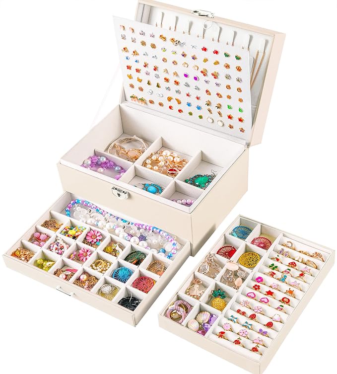 QBestry Earrings Jewelry Box for Girls, 5 Layers Jewelry Organizer with Earring Holder Organizer for Girls Earring Organizer Jewelry Boxes for Women Earrings and Necklaces Jewelry Box Organizer Beige by QBestry
