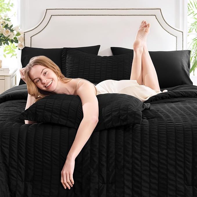 CozyLux King Size Comforter Set Black Seersucker 7 Pieces Bed in a Bag King Comforter Set with Sheets, Luxury Soft Bedding Sets with Down Alternative Comforter, Sheets, Pillowcases & Shams All Seasons