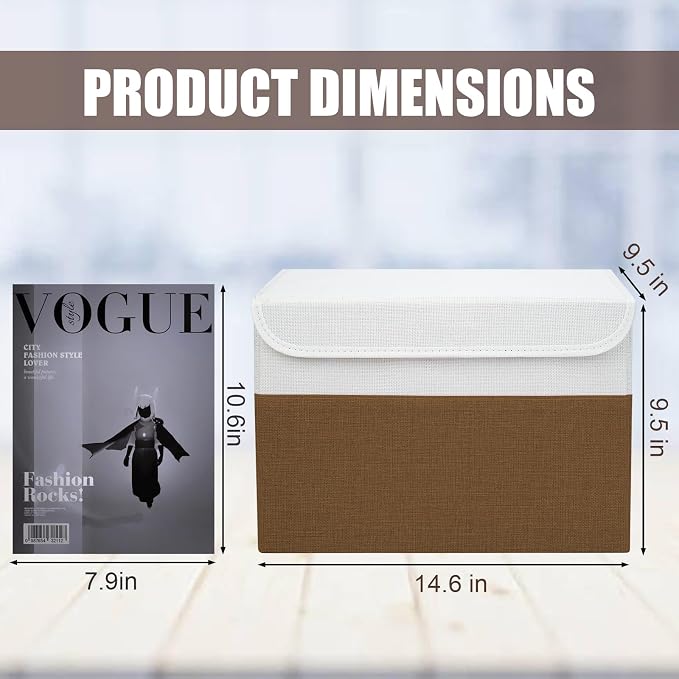Bagnizer Large 22 Quart Linen Fabric Foldable Storage Bin Cube Organizer Basket with Flip-Top Lid & Handles, Clothes Blanket Box for Home, Office, Closet, Brown & White, 4 Pack 14.6 x 9.5 x 9.5 - Image 2
