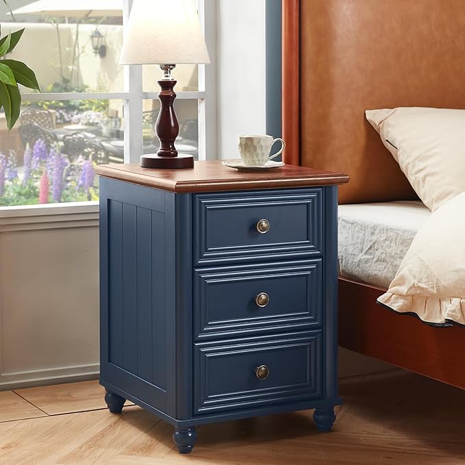 RWYHG 18" Farmhouse Night Stand Set of 2, Blue Wood Nightstand with 3 Drawers, Bedside End Table with Storage and Roman Column, Bed Side Tables Cabinet for Bedroom, Living Room, and Closet
