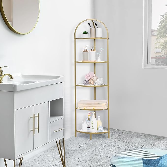 Homhedy 5-Tier Corner Shelf Stand, Metal Corner Bookshelf, Tempered Glass Shelves, Bathroom Storage Rack Shelf, Plant Stand, Modern Style, Golden - Image 5