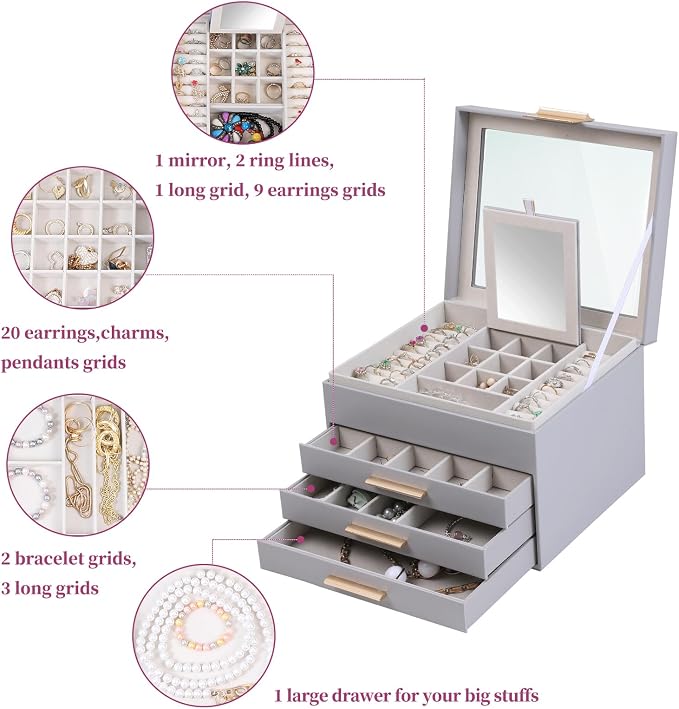 BOOVO Clear Lid Jewelry Box,4 Layers Jewelry Organizer Large Jewelry Storage Box with 3 Drawers,Jewelry Holder Organzier of Rings Earrings Necklace Bracelets for Women (Grey, 4 Layer) - Image 5