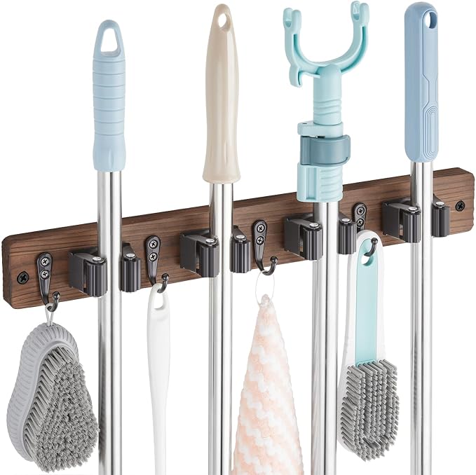 OUTNILI Mop and Broom Holder Wall Mount - Wood Broom Mop Hanger - Wall Mounted Garden Tool Rack Organizer for Closet Garage Laundry Room, Rustic Kitchen Decor With 4 Slots & 4 Hooks by OUTNILI