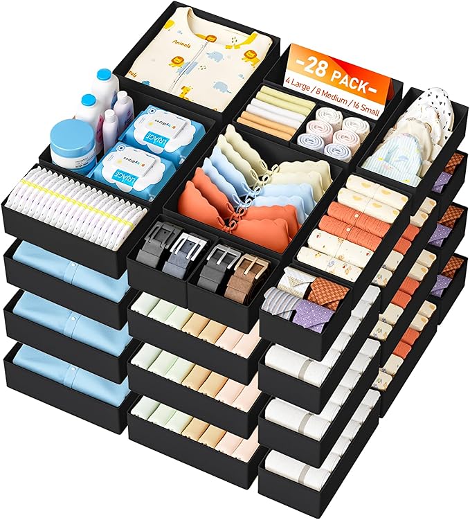 DIMJ Drawer Organizer Clothes Storage - 28 Pack Baby Dresser Organizer for Nursery, Foldable Closet Drawer Organizer Bins for Bedroom Organization, Fabric Storage Dividers for Socks, Underwears, Bras by DiMJ