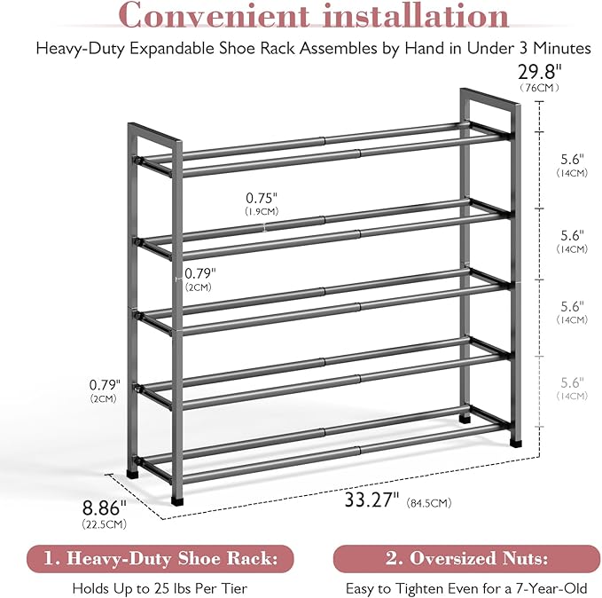 Bumusty 5-Tier Expandable Shoe Rack for Closet, 18“-33” Adjustable Shoe Rack for Small Space, Small Shoe Organizer for Front Door, Sturdy Metal (Grey) - Image 3
