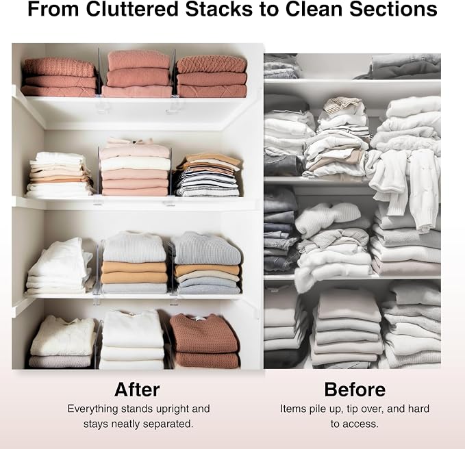 SortNStore Shelf Dividers Purse Organizer for Closet: 11-inch Tall(Extra Tall) Acrylic Sweater Organizer - Upgraded Extra Height for Large Handbags, Totes, Clothes, Towels on Wood Shelves 4-Pack - Image 7