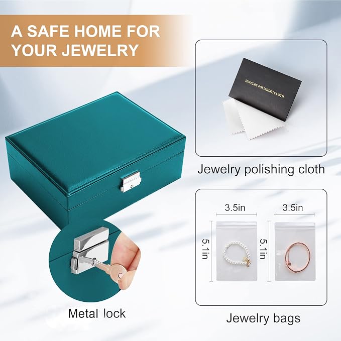 Jewelry Organizer Box Leather Jewelry Box for Girls Womens Earring Organizer with Lock Double Layers Jewelry Case Removable Tray for Necklace Earring Ring with Polishing Cloth and Jewelry Bags - Image 4