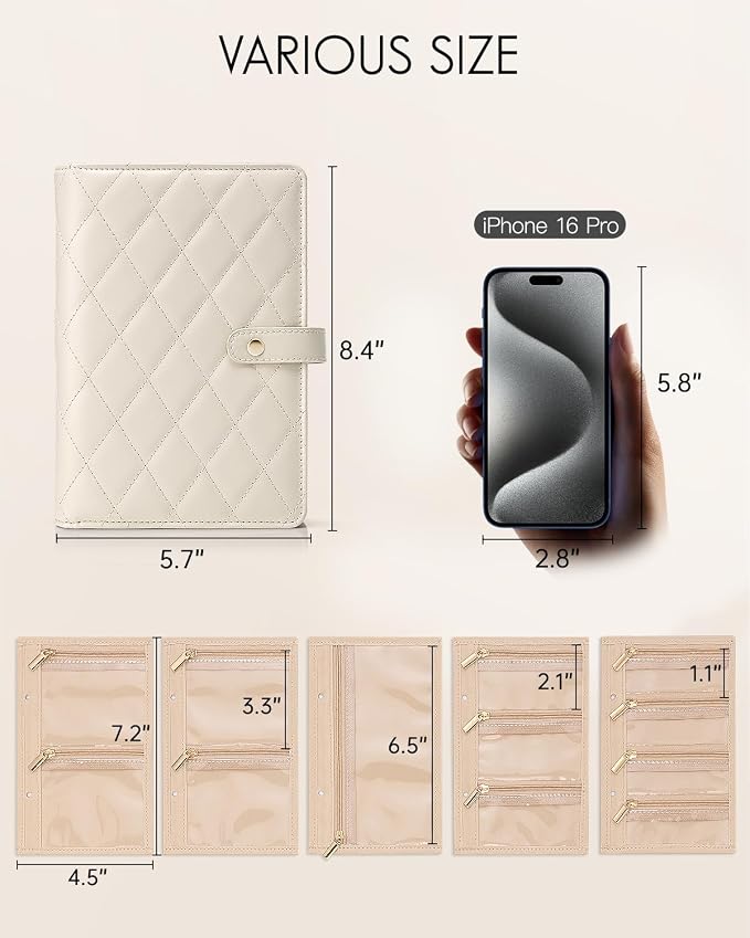 VLANDO Travel Jewelry Organizer Case,Large Jewelry Storage Book Ring Binder with Clear Zipper Velvet Jewelry Pouches Bags for Rings,Bracelet,Earrings-Cream White - Image 3