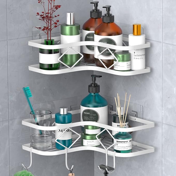 Shower Caddy, 2 Pack Corner Organizer Shelf, Rustproof Wall Mount Shower Storage Rack, No Drilling, 40 lbs Capacity (Glossy White) by Kerisgo