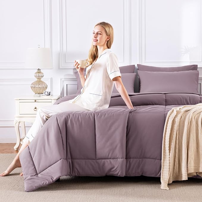 CozyLux King Size Comforter Set Dusty Purple, 7 Pieces Bed in a Bag, Purple Comforter King Size, Bedding Set with All Season Quilted Comforter, Flat Sheet, Fitted Sheet, Pillowcases