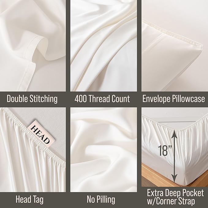 Bella Coterie 6 Piece Luxury Bamboo Viscose King Size Sheet Set | 100% Organically Grown | Cooling for Hot Sleepers | 18" Deep Pocket | Soft & Hypoallergenic | 4 Pillowcases [Ivory]