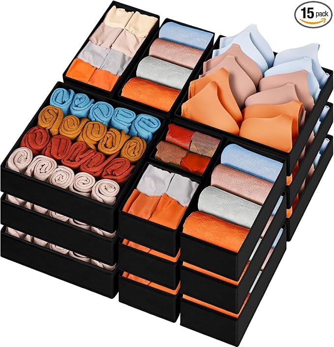 Criusia Closet Drawer Organizer Clothes, 15 Pack Dresser Organizer for Baby Clothes, Fabric Drawer Dividers for Nursery Bedroom (Black) by Criusia