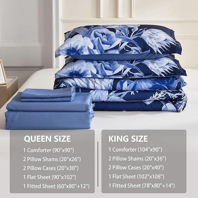 Luxudecor Floral Comforter Set Queen Size 7 Piece, Navy Blue Flower Bed in a Bag, Elegant Floral Comforter with Sheet Set, Soft Microfiber Bedding Set for All Season (Navy Blue, 90"x90")