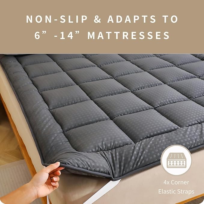 Quilted Fitted Mattress Pad, Elastic Fitted Mattress Topper Protector and Cover Stretches up to 14 Inches Deep, 4 Anchor Elastic Bands, Machine Washable (Dgrey, Queen)