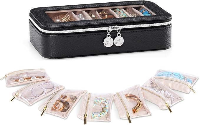 Lolalet 8 in 1 Travel Jewelry Case with Velvet Pouches, Clear Window Travel Jewelry Organizer Bags for Earrings, Bracelets, Necklaces and Rings, Compact Jewelry Storage for Women Girls- Black, 7PCS by Lolalet