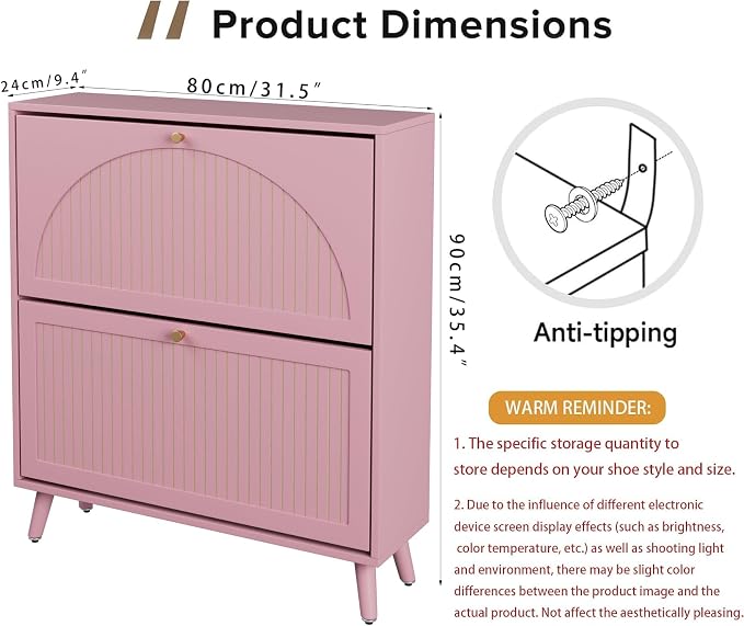 Fsbecl Shoe Storage Cabinet for Entryway with 2 Flip Drawers, Narrow Wood Shoe Cabinet with Fluted Panel, Freestanding Hidden Shoe Organizer for Foyer, Hallway (Pink - with Shelf) - Image 2