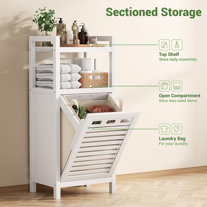 Homykic Tilt Out Laundry Hamper, 10 Gal Bamboo Laundry Storage Cabinet with Removable Basket, Hidden Hamper Organizer with Shelf for Dirty Clothes, Bathroom, Laundry Room, Space Saving, White - Image 6