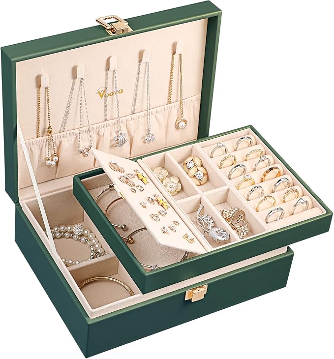 Voova Jewelry Box Organizer for Women Girls, 2 Layer Large Men Jewelry Storage Case, PU Leather Display Jewellery Holder with Removable Tray for Necklace Earrings Rings Bracelets, Blackish Green by Voova