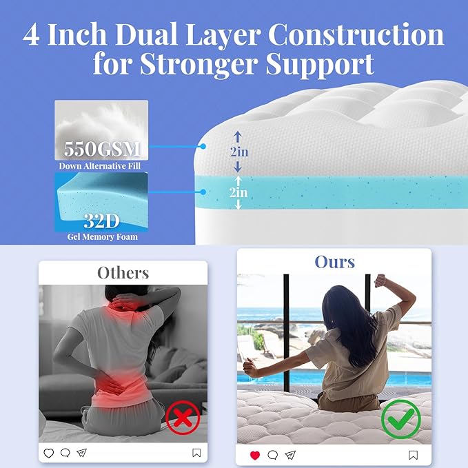 OhGeni Cooling 4 Inch Full Size Dual Layer Mattress Topper, 2 Inch Gel Memory Foam, 2 Inch Soft Pillow Top Pad, Bedroom Essentials Mattresses Cover, Extra Comfortable Sleep and Back Pain Relief