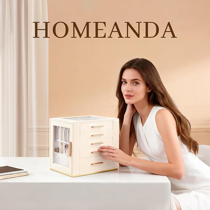 Homeanda Jewelry Box for Women with Glass Lid, 5 Drawers Jewelry Organizer and Storage for Necklaces, Rings, Earrings, Bracelets, Gift for Girls and Teens,PU Leather (Beige) - Image 2