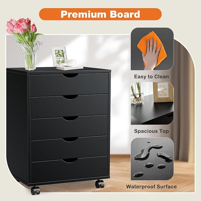 5 Drawer Mobile File Cabinet Under Desk Storage Organization with Wheels Vertical Filing Chest Rolling Wood Small Desk Printer Stand for Home Office, Black - Image 6