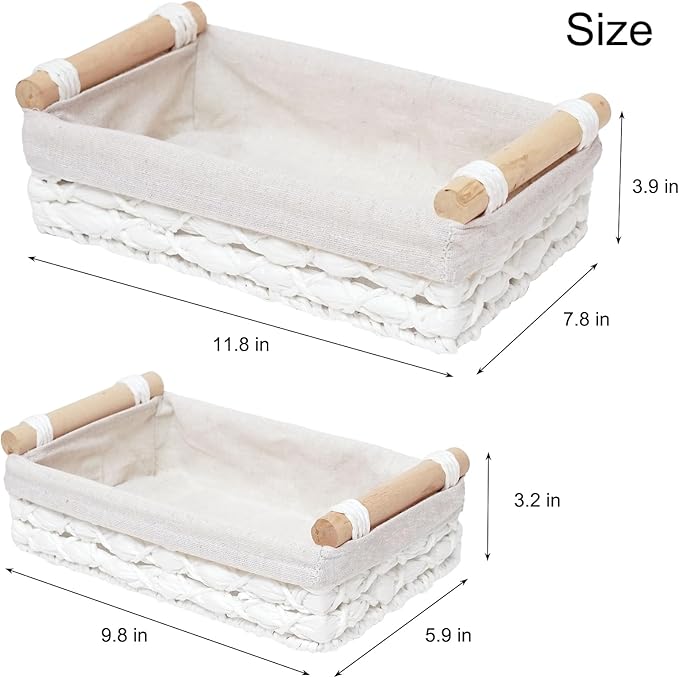 Storage Basket Wicker Baskets for Organizing with Handle Decorative Storage Bins for Countertop Toilet Paper Storage Basket for Toilet Tank Top Small Baskets Set (Set of 2,White) - Image 7