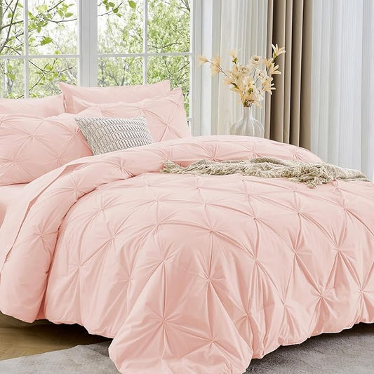 Sasttie Twin XL Comforter Set, 5-Piece Bed in a Bag, Pintuck Bedding Sets for All Season, Includes Comforter, Flat Sheet, Fitted Sheet, Pillowcase and Pillowsham, Blush Pink