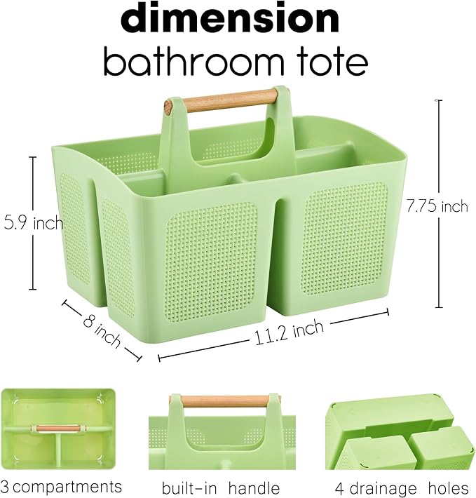 ALINK Portable Shower Caddy Basket with Compartments, Plastic Divided Cleaning Caddy Organizer Storage Tote with Handle for Bathroom, College, Dorm Room Essentials - Green - Image 2