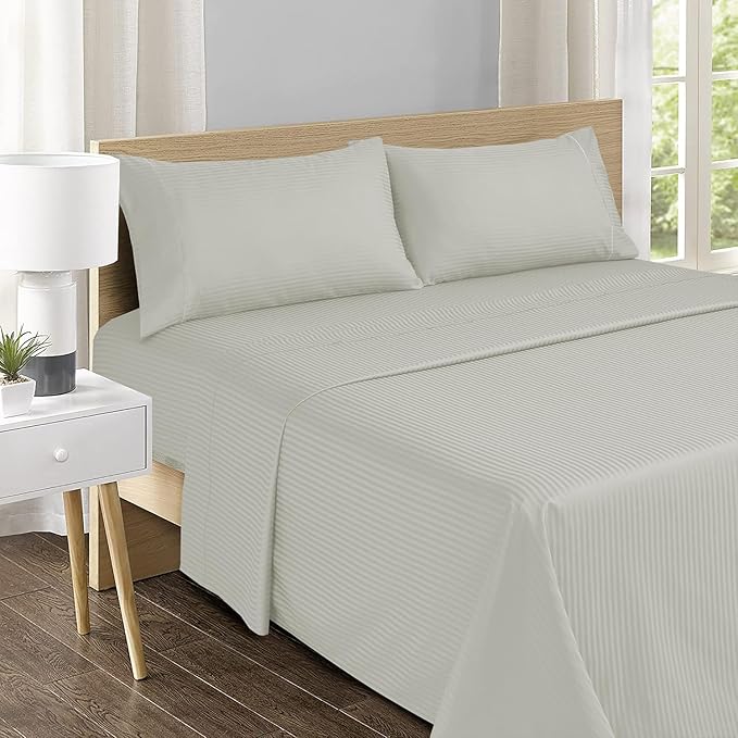 Feather & Stitch 500 TC Twin Size Damask Bed Sheet Set, 100% Cotton Soft Breathable Bedsheets, 3 Piece 18" Deep Pockets Sateen Weave Striped Bedding Mattress Resort Hotel Luxury - (Blue Blush Stripe)
