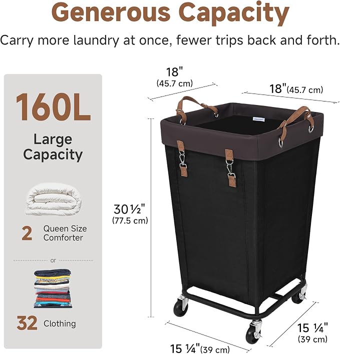 StorageWorks 160L Laundry Basket with Wheels, Large Rolling Hampers for Clothing Organizer, Dirty Clothes Basket for Hotel, Home, Closet, Dorm, Black - Image 3