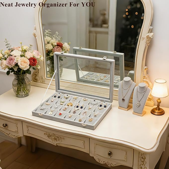Jewelry Box Necklace Organizer Tray (Grey) Necklace Display Case for Storage Jewelry Display Stand 24 Slot Pendant Holder for Women - Image 6
