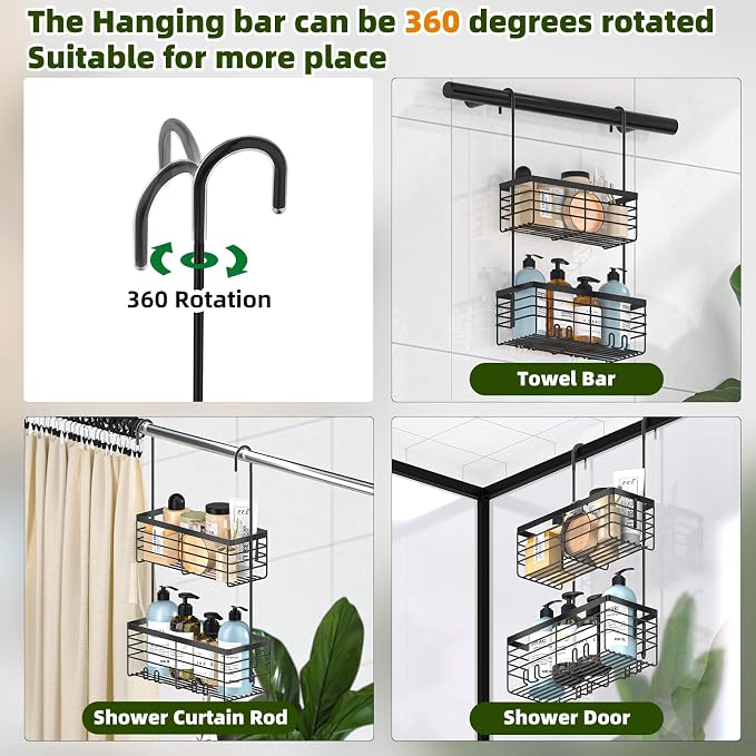 YUOROS Hanging Shower Caddy, 2 Tier Over the Door Shower Organizer Rack Organizer Stainless Steel Rustproof (Black) - Image 5
