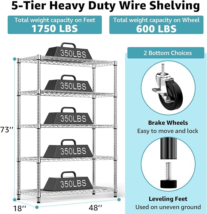 M MZG 5-Shelf Storage Shelves,Wire Shelving Heavy Duty Metal Storage Shelving Unit Adjustable Garage Shelving Rack Pantry Kitchen (Chrome, 5 Tier,17.7" D x 47.2" W x 76.7" H) - Image 3