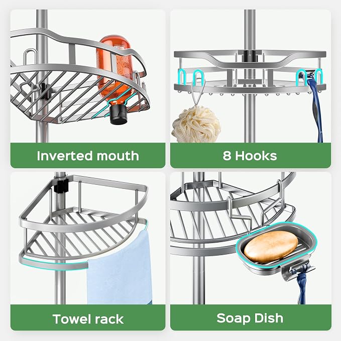 HAMITOR Shower Caddy Tension Pole: Rustproof Quick Install Corner Bathroom Organizer Shelf on Floor for Renters - 4-Tier Large Capacity Storage Rack with Soap Holder for Apartment -47-121 Inch/Silver - Image 3