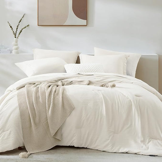WRENSONGE King Comforter Set, 7 Pieces White Soft Bed in a Bag King with Fitted Sheet, Flat Sheet, 2 Pillow Shams, and 2 Pillowcases- Warm Bedding Set for All Season