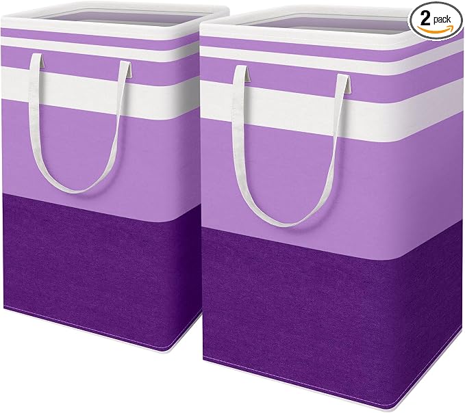 HomeHacks 2 Pack Large Laundry Baskets, Waterproof, Freestanding Laundry Hampers, Collapsible Clothes Hamper with Reinforced Handles in Laundry, College Dorm, Bathroom, Bedroom (Purple, 88Lx2) by HomeHacks