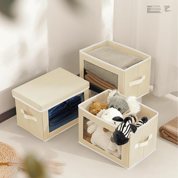 Homsorout Fabric Storage Bins with Lids, Storage Cubes with Window, Decorative Storage Boxes Baskets for Organizing, Closet Organizer Storage Bins for Home, Office, 3 Packs, Beige - Image 4