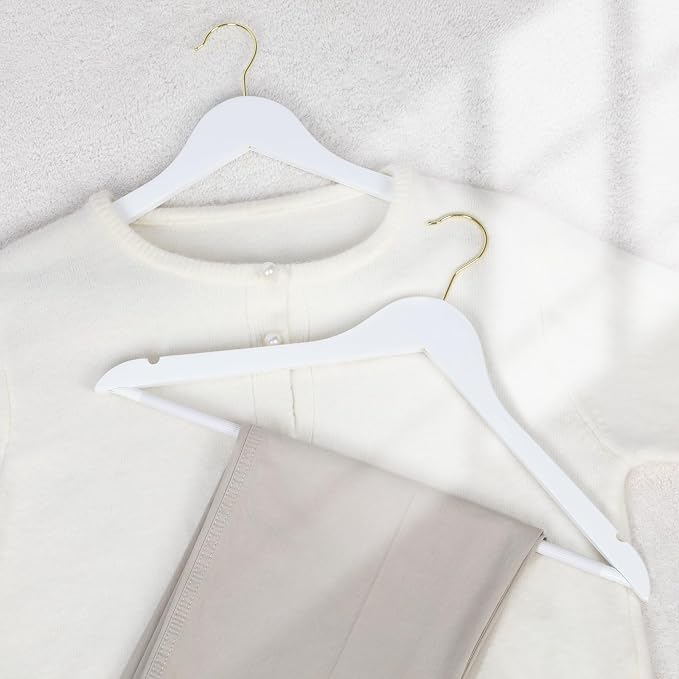 TOPIA HANGER Wooden Hangers 30 Pack, White Wood Coat Hanger with 360° Swivel Gold Hook, Non Slip Pants Bar and Shoulder Notches for Camisole, Jacket, Pants, Smooth Finish Clothes Hangers -CT34WG30 - Image 5