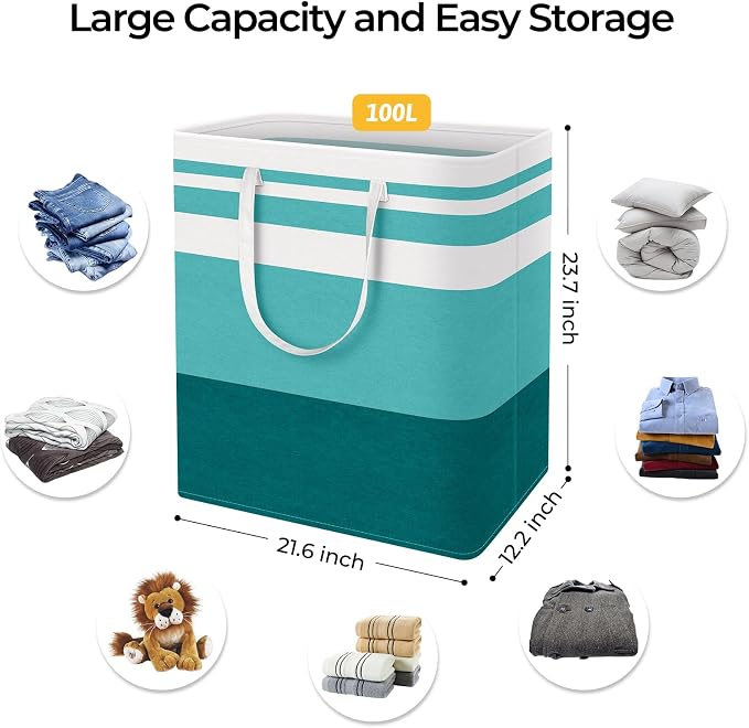 HomeHacks 2-Pack Large Laundry Basket, Waterproof, Freestanding Laundry Hamper, Collapsible Tall Clothes Hamper with Extended Handles for Clothes Toys in the Dorm and Family (Green, 100L) - Image 4