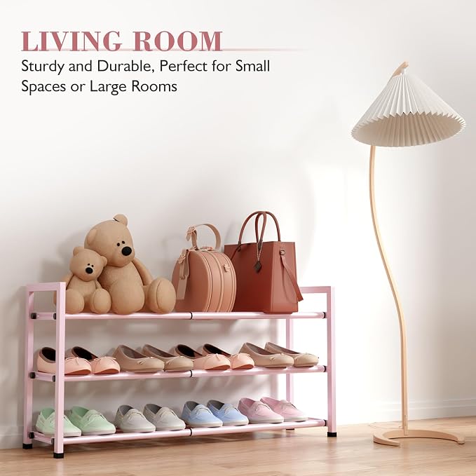 Bumusty 3-Tier Expandable Shoe Rack for Closet, 18“-33” Adjustable Shoe Rack for Small Space, Small Shoe Organizer for Front Door, Sturdy Metal, Pink - Image 5